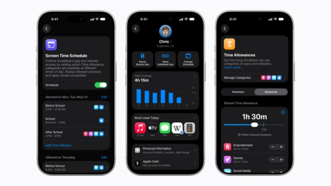 Tiga layar iPhone menampilkan jadwal Screen Time, ringkasan pemakaian perangkat anak, dan pengaturan Time Allowances untuk kategori aplikasi