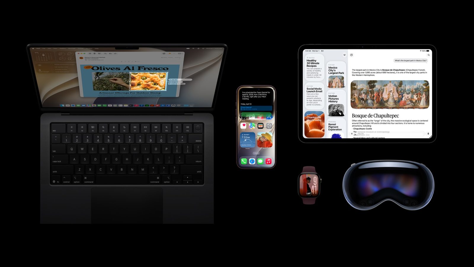 MacBook, iPhone, iPad, Apple Watch, dan Apple Vision Pro berjajar di atas latar hitam dengan layar menampilkan fitur perangkat lunak baru