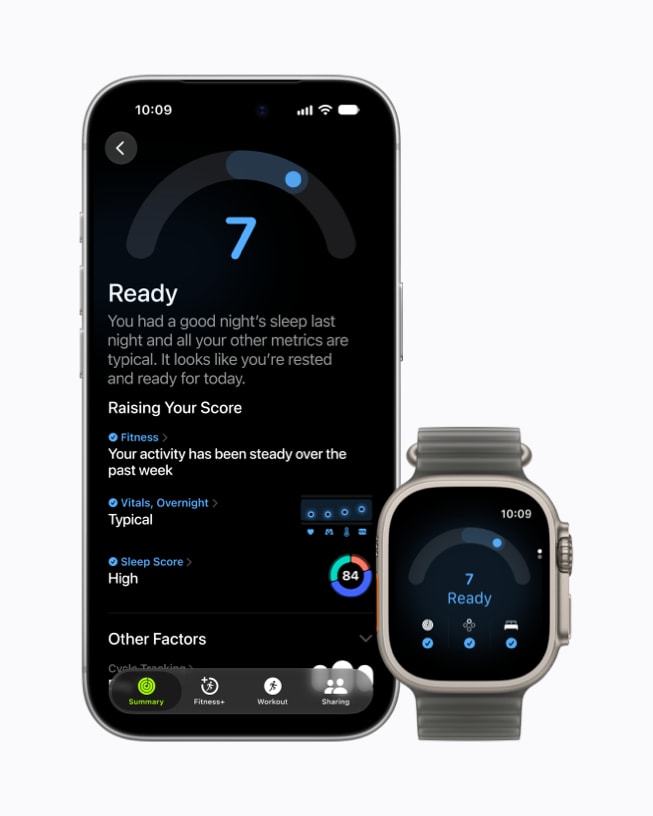 iPhone dan Apple Watch Ultra 4 menampilkan skor readiness 7 dengan status Ready