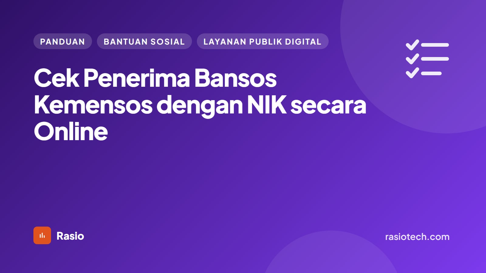 Kartu ilustrasi Rasio kategori Panduan bertuliskan Cek Penerima Bansos Kemensos dengan NIK secara Online