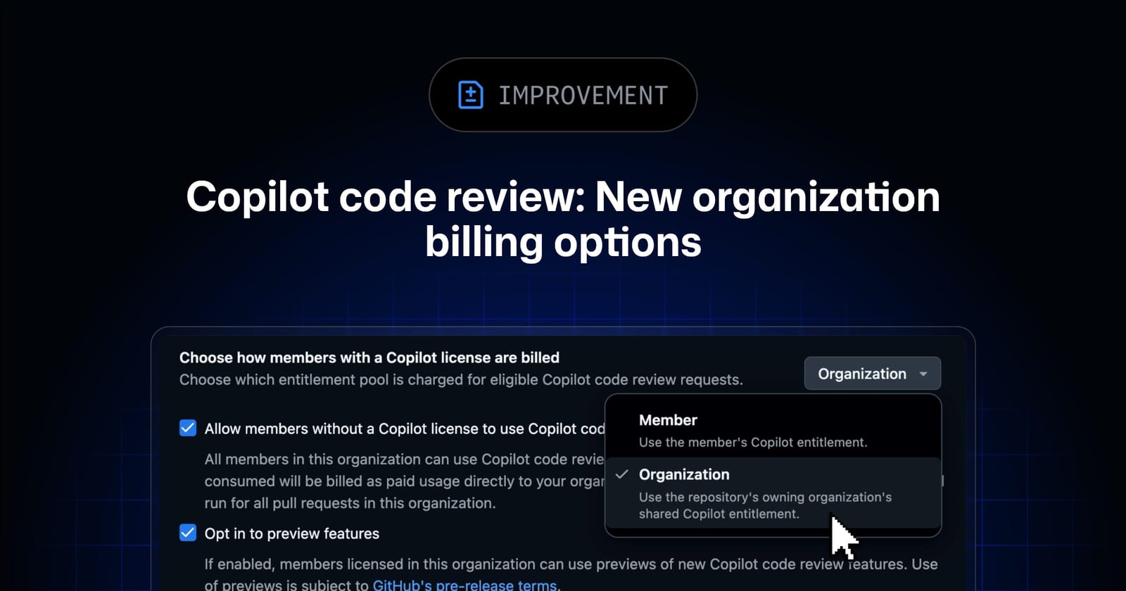 Gambar dari GitHub Changelog untuk berita: GitHub Copilot Code Review Tambah Opsi Penagihan dan Kontrol Akses Organisasi