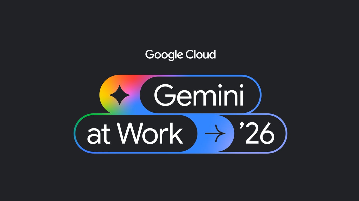 Tulisan Google Cloud Gemini at Work '26 di atas gelembung warna-warni dengan ikon percikan dan panah
