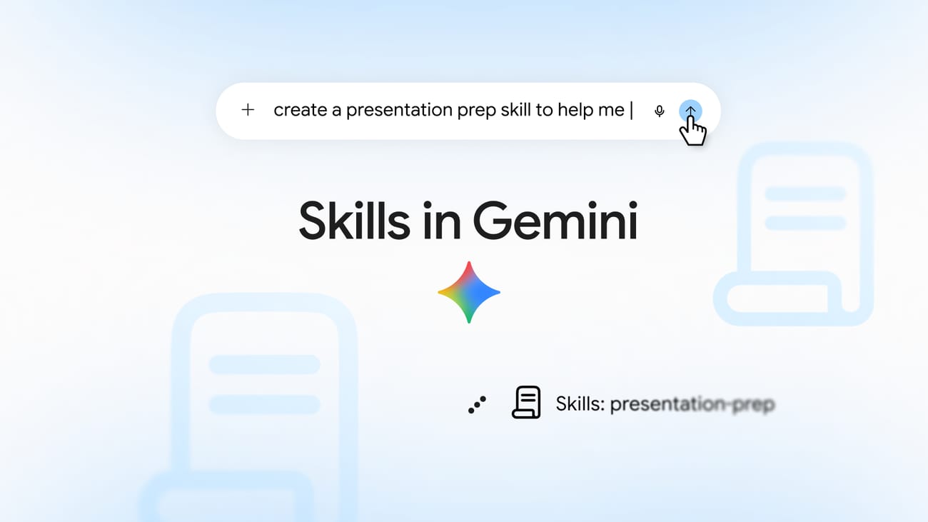 Ilustrasi Skills in Gemini dengan kolom perintah bertuliskan permintaan membuat skill persiapan presentasi