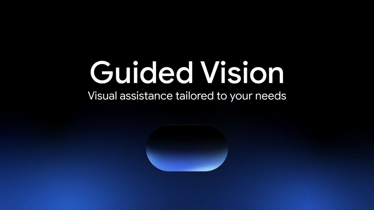 Grafis berlatar hitam dan biru bertuliskan Guided Vision, Visual assistance tailored to your needs
