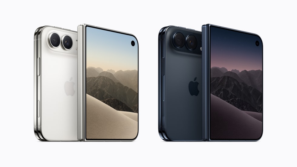 Dua iPhone Duo berwarna putih dan biru gelap dalam posisi terbuka, memperlihatkan kamera belakang dan layar dalam