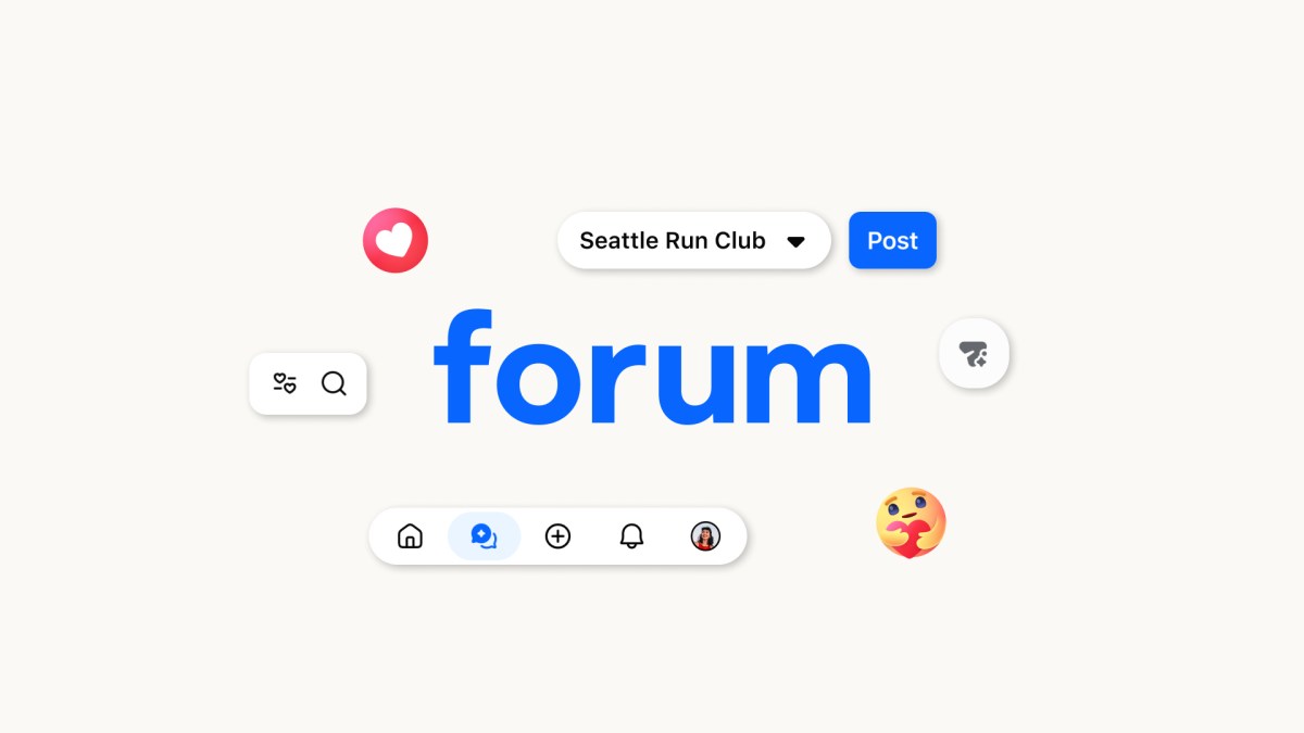 Logo aplikasi Forum berwarna biru dikelilingi elemen antarmuka seperti tombol Post, pencarian, dan reaksi
