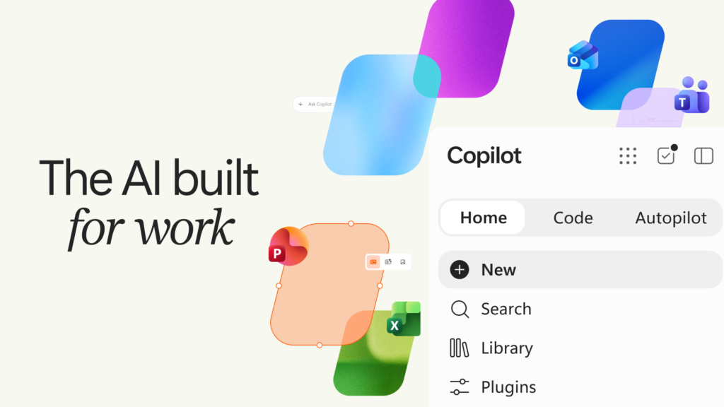 Ilustrasi Microsoft Copilot bertuliskan The AI built for work, menampilkan tab Home, Code, dan Autopilot serta ikon Outlook, Teams, PowerPoint, dan Excel