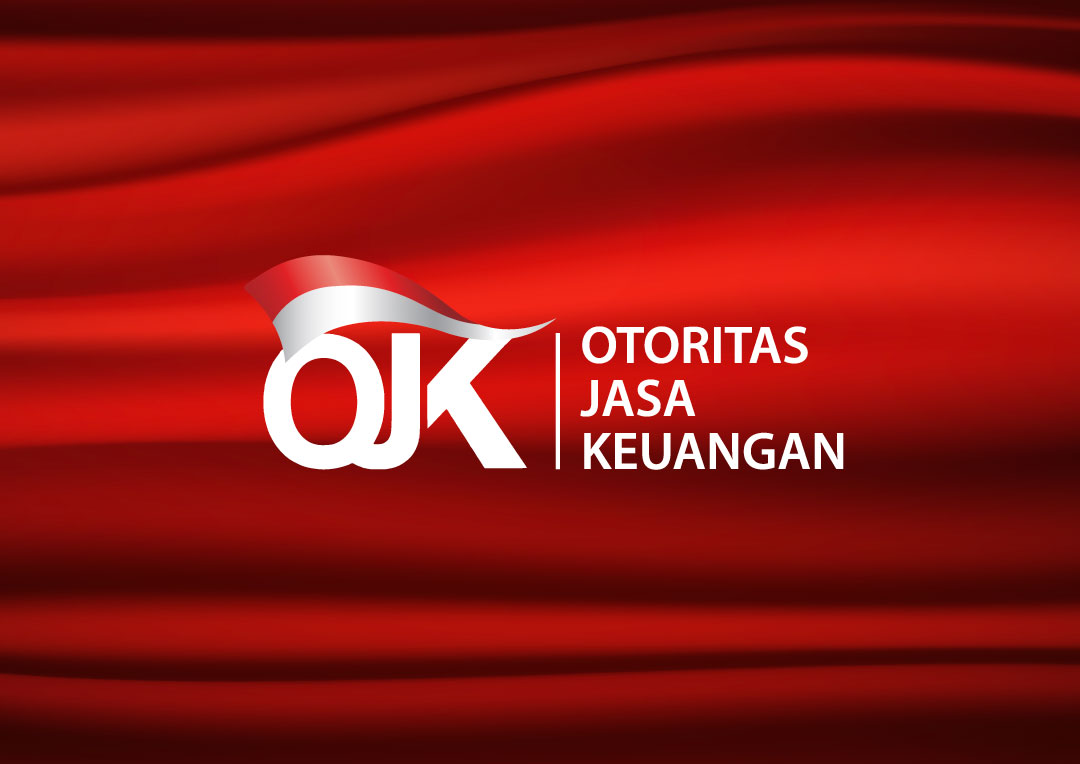 Logo Otoritas Jasa Keuangan berwarna putih di atas latar kain merah