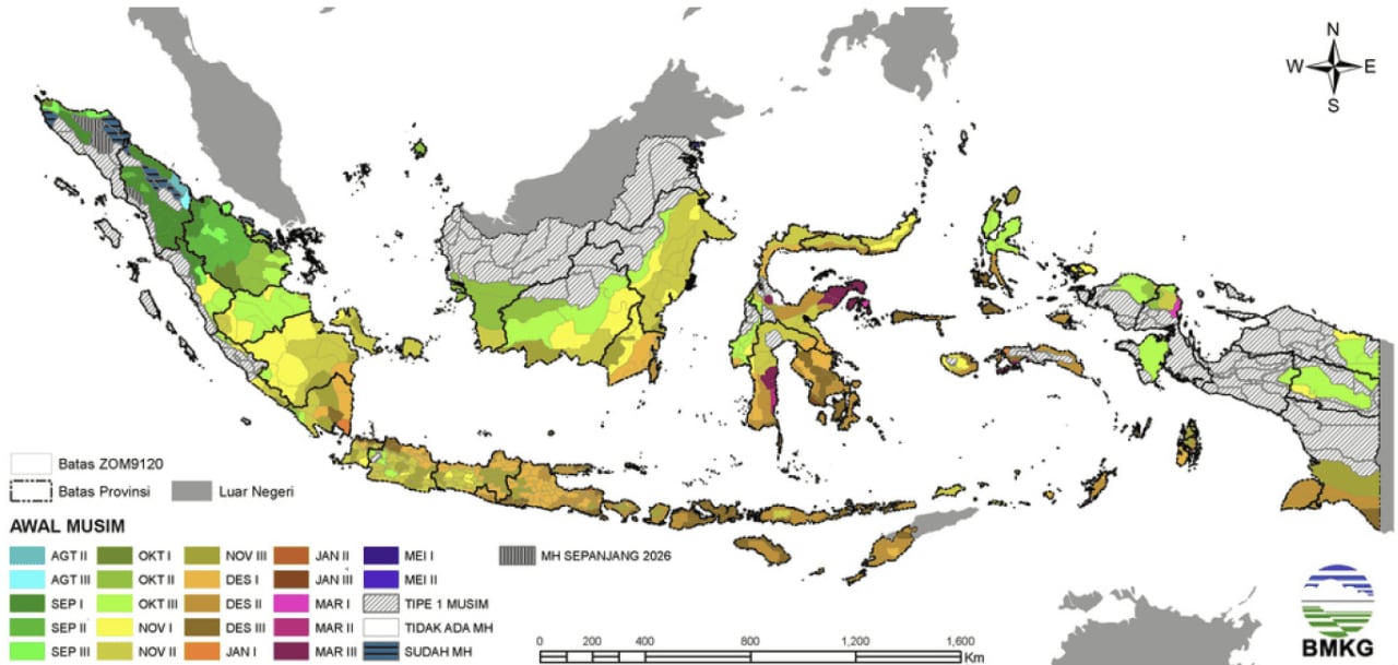 Peta prediksi awal musim hujan 2026/2027 di wilayah Indonesia dari BMKG
