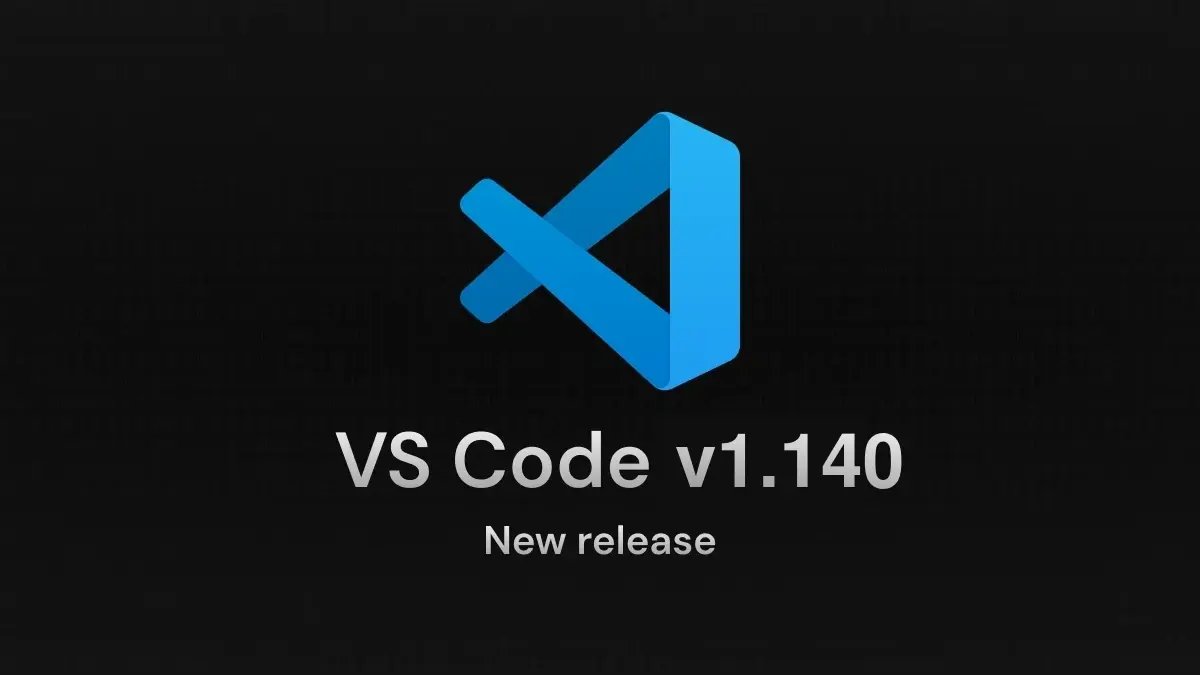 Logo Visual Studio Code berwarna biru di atas latar gelap dengan tulisan VS Code v1.140 New release